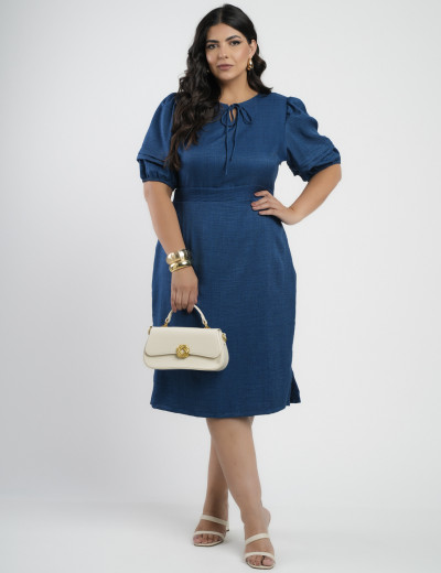 Vestido Midi Crepe Twill Tubinho Com Amarração Marinho