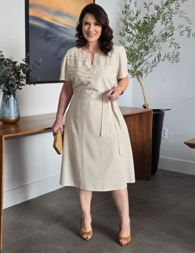 Vestido Curto Linho Misto Com Nervuras Bege 