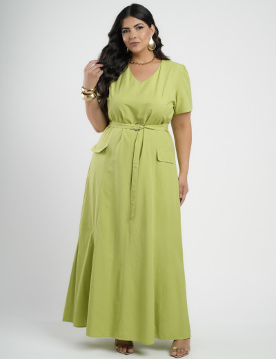 Vestido longo Viscose algodão Com Cinto Verde 