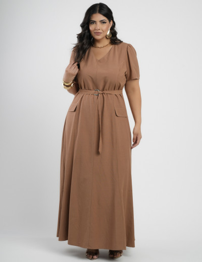 Vestido longo Viscose algodão Com Cinto Marrom