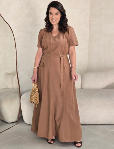 Vestido longo Viscose algodão Com Cinto Marrom