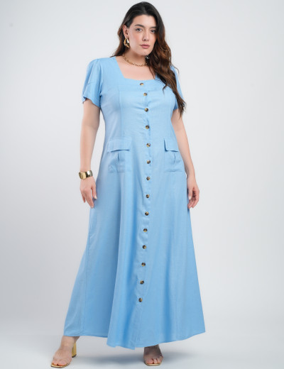 Vestido Longo Linho Misto Botões Frontais Azul