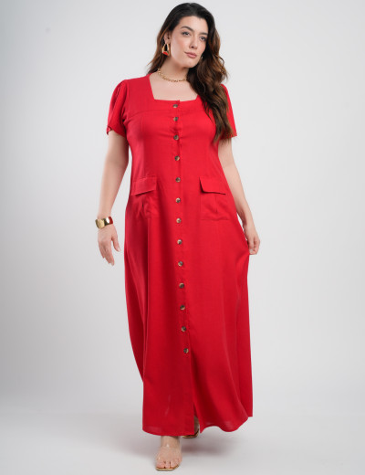 Vestido Longo Linho Misto Botões Frontais Vermelho