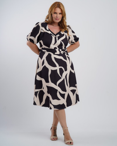 Vestido Midi Crepe Encorpado Estampado Preto