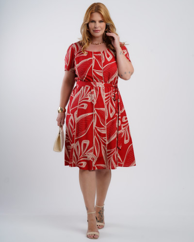 Vestido Midi Viscose Estampado Com Vivo Vermelho