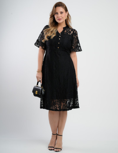 Vestido Midi Renda Com Botões Preto