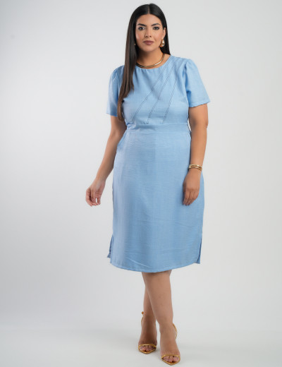 Vestido Curto Linho Poliéster Com Pesponto Azul