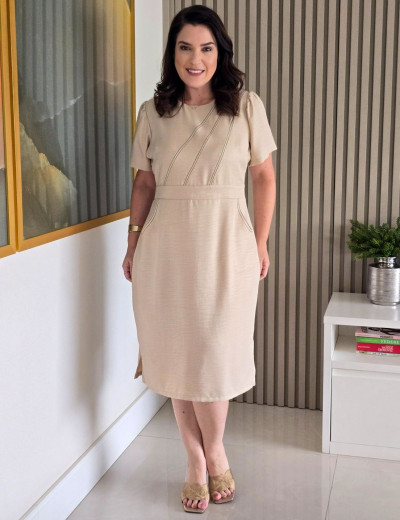 Vestido Curto Linho Poliéster Com Pesponto Bege 