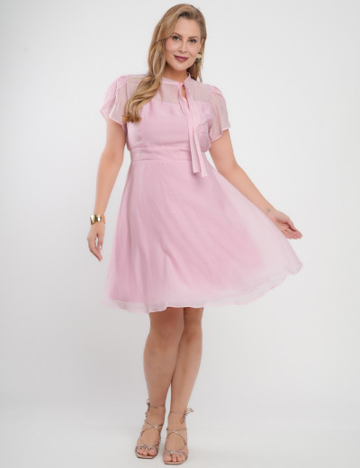 Vestido Midi Liocel Com Gola Amarração Rosa