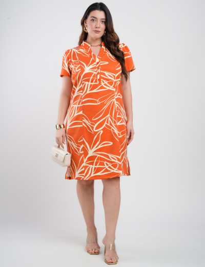 Vestido Midi Tubinho Alfaiataria Estampado  Laranja