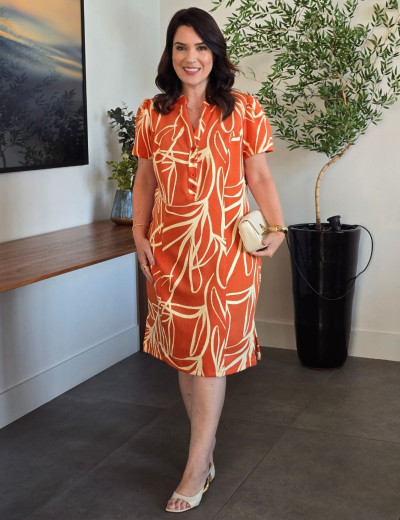 Vestido Midi Tubinho Alfaiataria Estampado  Laranja