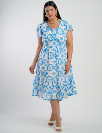 Vestido Midi Lasie Algodão Barrado Azul