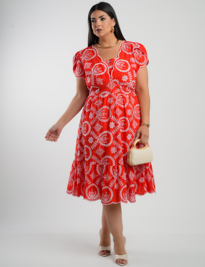Vestido Midi Lasie Algodão Barrado Vermelho