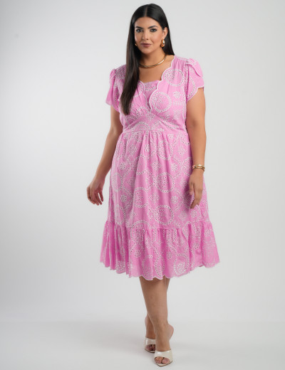 Vestido Midi Lasie Algodão Barrado Rosa