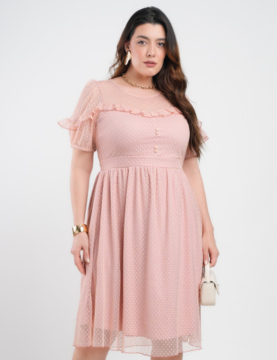 Vestido Midi Tule Textura Poá Com Babado Rosé