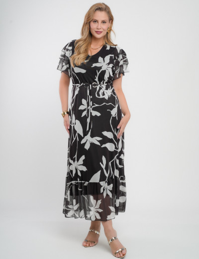 Vestido Longo Tule Com Cinto Preto