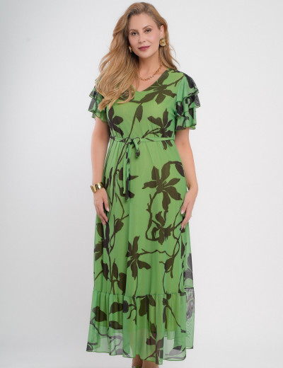 Vestido Longo Tule Com Cinto Verde 