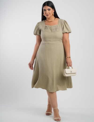 Vestido Midi Crepe Decote Com Nervuras Verde