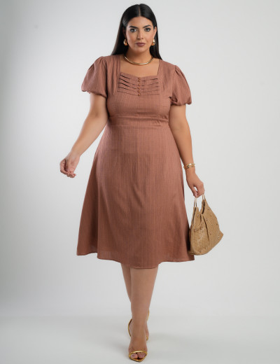 Vestido Midi Crepe Decote Com Nervuras Marrom 