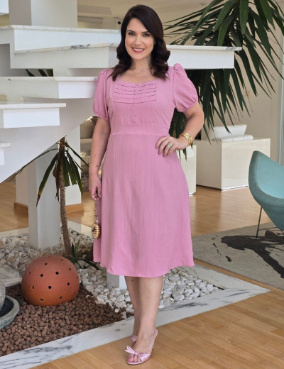 Vestido Midi Crepe Decote Com Nervuras Rosé