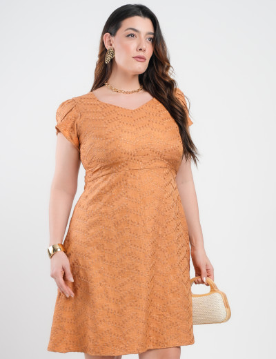 Vestido Curto Bordado Decote Princesa Marrom