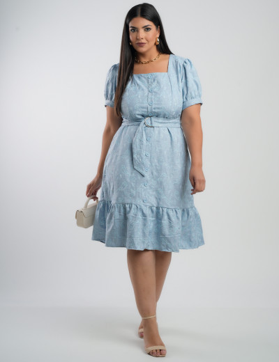 Vestido Midi Linho Poliéster Com Bordado Azul