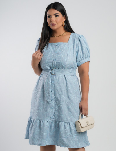 Vestido Midi Linho Poliéster Com Bordado Azul