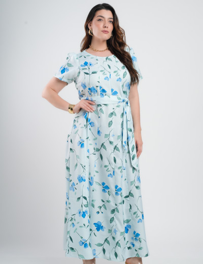 Vestido Longo Twill Estampa Floral Azul