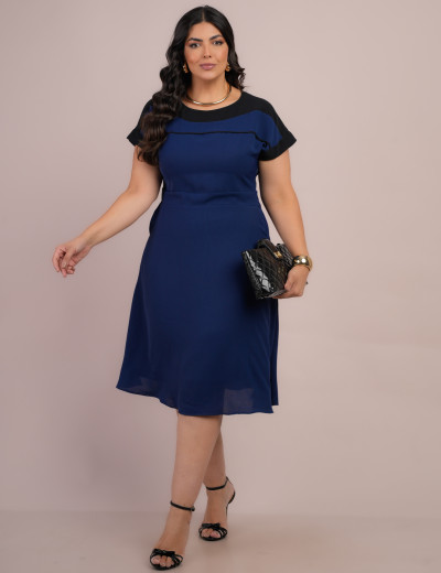 Vestido Curto Crepe liso Bicolor Marinho
