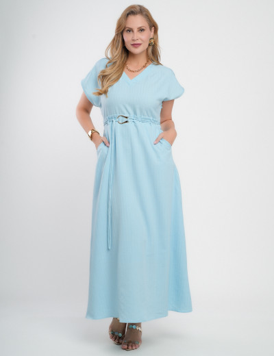 Vestido Longo Jaquard Com Fivela Azul