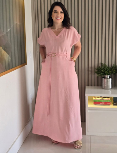 Vestido Longo Jaquard Com Fivela Rosa