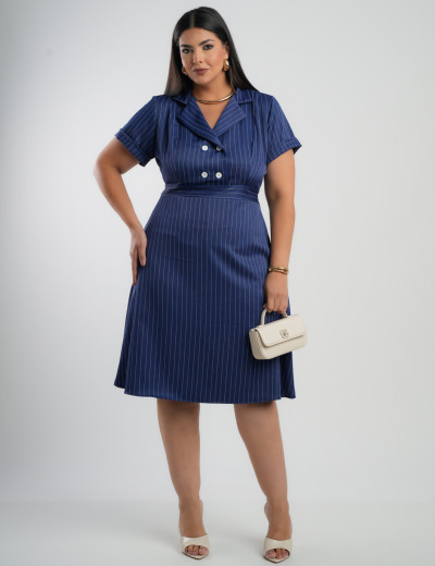 Vestido Curto Alfaiataria Risca De Giz Marinho 