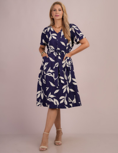 Vestido Midi Alfaiataria Estampado Marinho