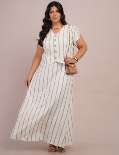 Vestido Longo Linho Listrado Com Botão Bege 