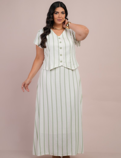 Vestido Longo Linho Listrado Com Botão Verde 