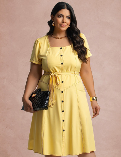 Vestido Curto Frente Pesponto Amarelo 