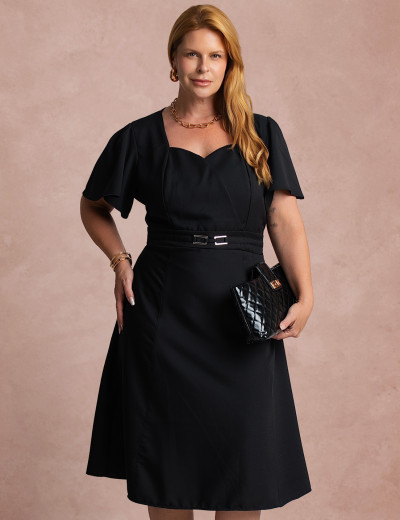 Vestido Midi  Cintura Com Fivela Preto