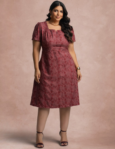 Vestido Midi Com bordado Vinho
