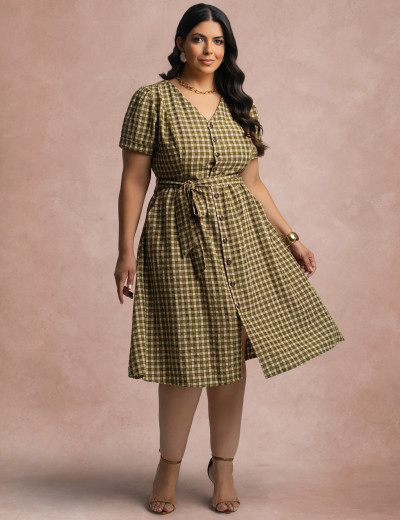  Vestido Mid Xadrez Com Textura Verde 