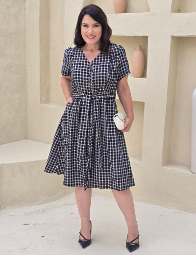  Vestido Mid Xadrez Com Textura Marinho 