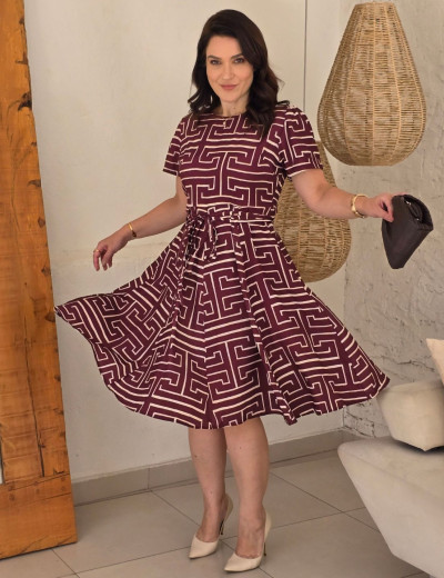 Vestido Midi Estampado Saia Rodada Vinho