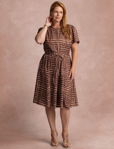 Vestido Midi Estampado Saia Rodada Marrom