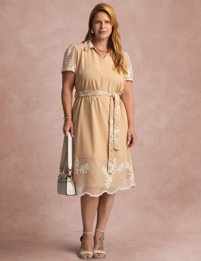 Vestido Curto Bordado Bege