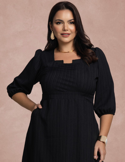 Vestido Midi Plissado Com Bolso Preto