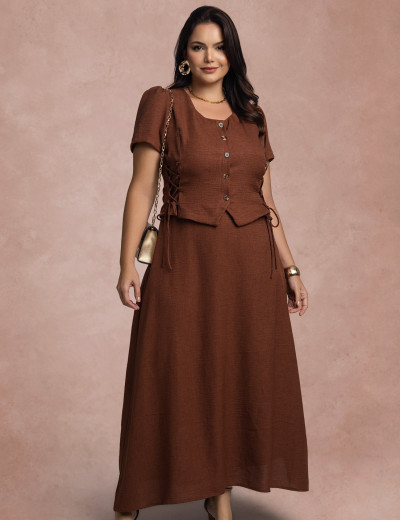 Vestido Longo Frente Com Botões Marrom 
