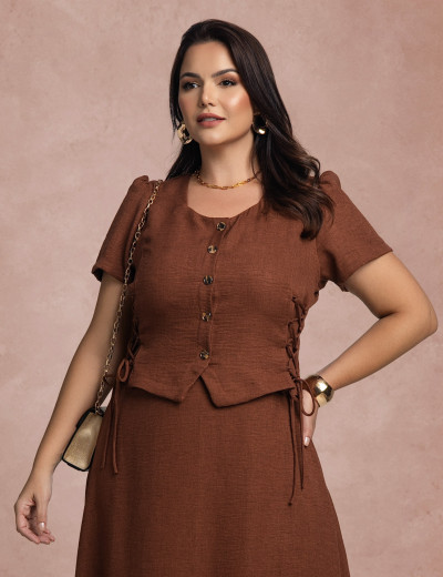 Vestido Longo Frente Com Botões Marrom 