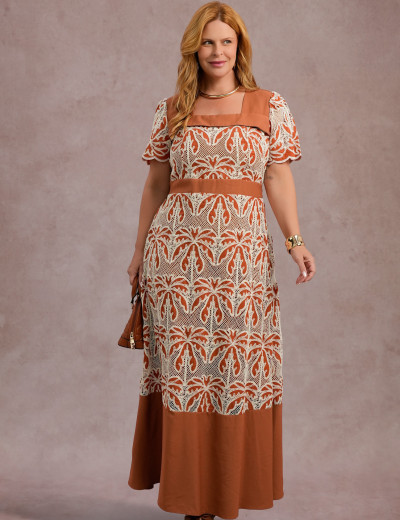 Vestido Longo Bordado Marrom 