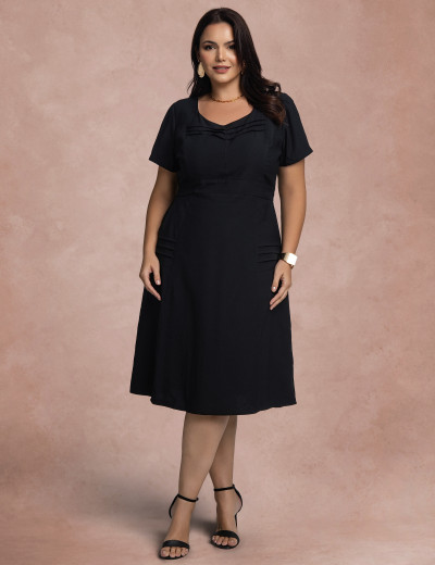 Vestido Midi Com Nervuras No Decote Preto