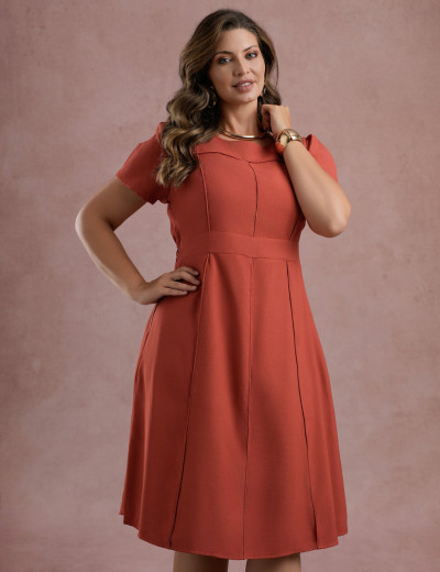 Vestido Midi Liso Com Veias Telha  