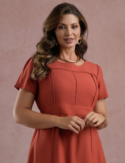 Vestido Midi Liso Com Veias Telha  